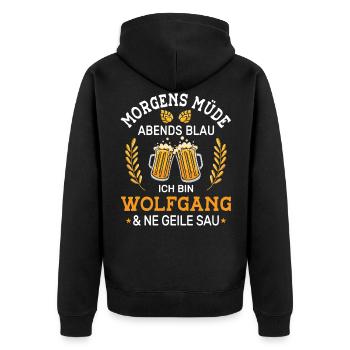 Morgens Müde Abends Blau Wolfgang Vornamen Outfit - Unisex Premium Bio Zip Hoodie - Schwarz - Hinten - Nico (187cm)