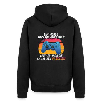 Ein Heiko wird nie aufgeben - Unisex Premium Bio Zip Hoodie - Schwarz - Hinten - Nico (187cm)