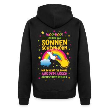 Sonnenscheinhorn - Mir scheint Sonne aus dem Arsch - Unisex Premium Bio Zip Hoodie - Schwarz - Hinten - Nico (187cm)