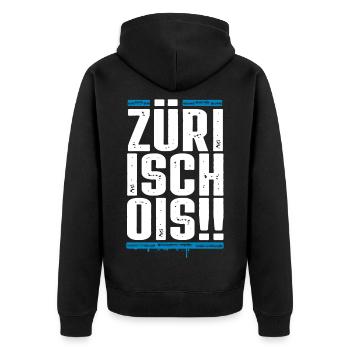 Zürich / Züri isch ois / T-Shirt / Hoodie - Unisex Premium Bio Zip Hoodie - Schwarz - Hinten - Nico (187cm)