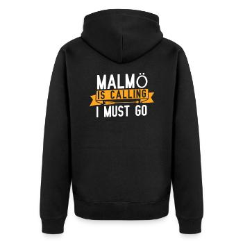 Malmö ruft und ich muss gehen - Unisex Premium Bio Zip Hoodie - Schwarz - Hinten - Nico (187cm)