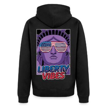 Liberty Vibes Freiheitsstatue - Unisex Premium Bio Zip Hoodie - Schwarz - Hinten - Nico (187cm)