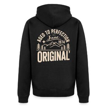 Juni 1974 – Legende der Gipfel und Berge - Unisex Premium Bio Zip Hoodie - Schwarz - Hinten - Nico (187cm)