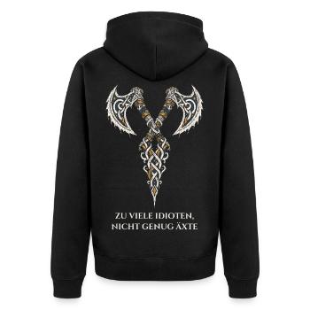 Die gekreuzten Äxte – Zu viele Idioten - Unisex Premium Bio Zip Hoodie - Schwarz - Hinten - Nico (187cm)
