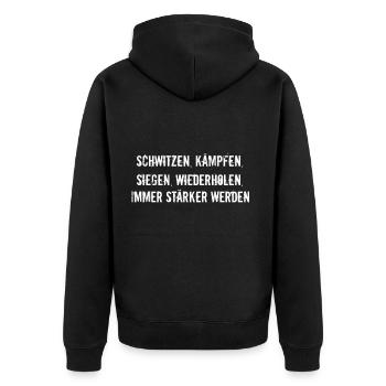 Fitness - Schwitzen, kämpfen, siegen, - Unisex Premium Bio Zip Hoodie - Schwarz - Hinten - Nico (187cm)