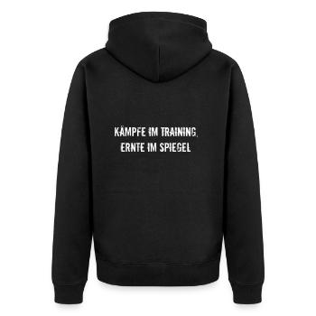 Fitness - Kämpfe im Training, ernte im Spiegel - Unisex Premium Bio Zip Hoodie - Schwarz - Hinten - Nico (187cm)