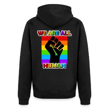 Rainbow Flag We are all Human - Unisex Premium Organic Zip Hoodie - black - Back - Nico (187cm)