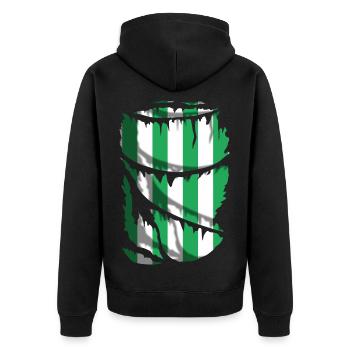 T-Shirt Streifen grün und weiß, Broken Fabric Effekt - Unisex Premium Bio Zip Hoodie - Schwarz - Hinten - Nico (187cm)