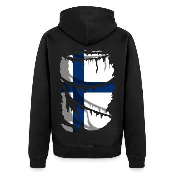 Flag of Finland, broken fabric effect - Unisex Premium Organic Zip Hoodie - black - Back - Nico (187cm)