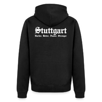 Stuttgart Harder Better Faster Stronger - Unisex Premium Bio Zip Hoodie - Schwarz - Hinten - Nico (187cm)