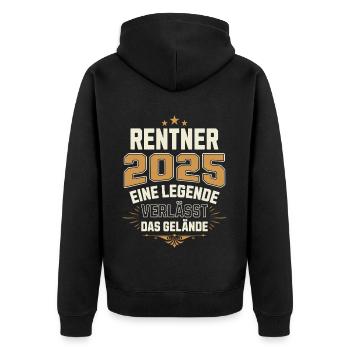 Rentner 2025 Rente Rentnerin Legende Ruhestand - Unisex Premium Bio Zip Hoodie - Schwarz - Hinten - Nico (187cm)