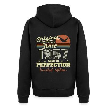 Born in June 1957, June 1957, Born June 1957 June 1957 - Unisex Premium Organic Zip Hoodie - black - Back - Nico (187cm)