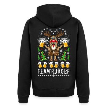 107 Team Hirsch Rentier Rudolph Rudolf Bier Beer - Unisex Premium Bio Zip Hoodie - Schwarz - Hinten - Nico (187cm)