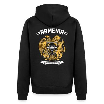 In Armenien beginnt meine Geschichte - Unisex Premium Bio Zip Hoodie - Schwarz - Hinten - Nico (187cm)
