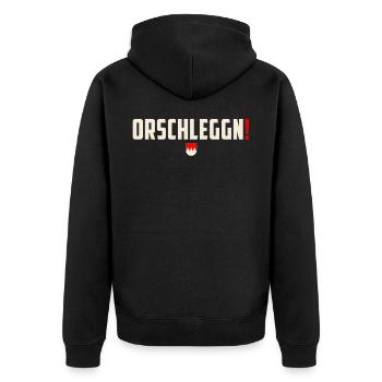 Orschleggn - Franken Dialekt Spruch Fränkisch - Unisex Premium Bio Zip Hoodie - Schwarz - Hinten - Nico (187cm)