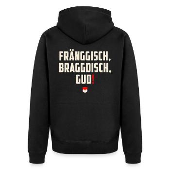 Fränggisch braggdisch gud - Fränkischer Spruch - Unisex Premium Bio Zip Hoodie - Schwarz - Hinten - Nico (187cm)