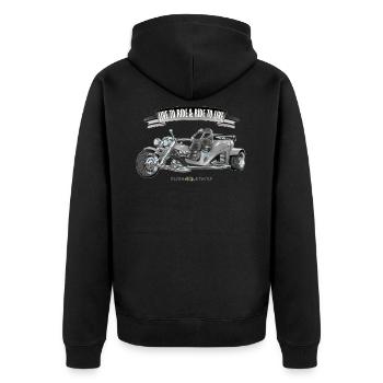LIVE TO RIDE & RIDE TO LIVE (GRAU-SCHWARZ) - Unisex Premium Bio Zip Hoodie - Schwarz - Hinten - Nico (187cm)