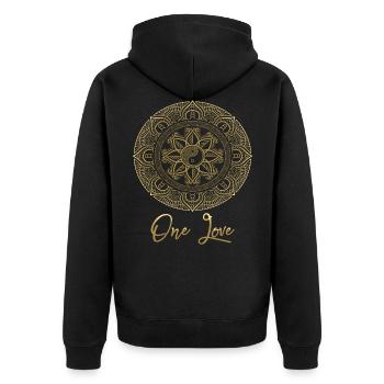 Mandala Eine Liebe - Unisex Premium Bio Zip Hoodie - Schwarz - Hinten - Nico (187cm)