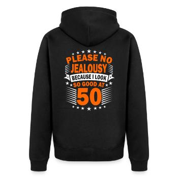 50ème anniversaire - Veste à capuche bio Premium Unisexe - noir - Dos - Nico (187cm)