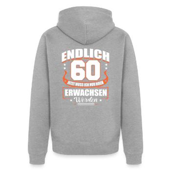 60e anniversaire - Veste à capuche bio Premium Unisexe - gris chiné - Dos - Nico (187cm)