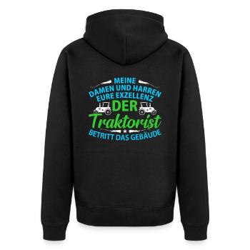 Farmer Tracktor Landwirtschaft Geschenk Spruch Bäu - Unisex Premium Bio Zip Hoodie - Schwarz - Hinten - Nico (187cm)