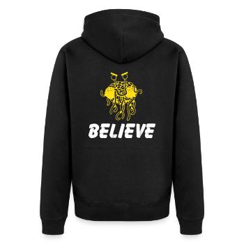 Spaghetti Monster Believe Atheist Gott Glaube - Unisex Premium Bio Zip Hoodie - Schwarz - Hinten - Nico (187cm)