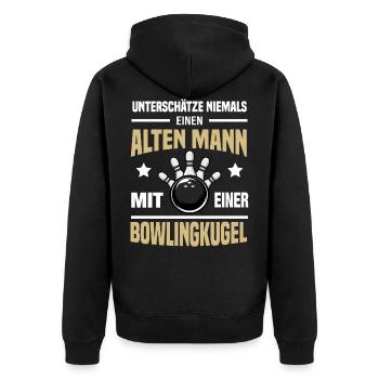 Bowling Alter Mann - Unisex Premium Bio Zip Hoodie - Schwarz - Hinten - Nico (187cm)