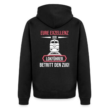 Lokführer shirt • Zug • Lokführer Geschenk - Unisex Premium Bio Zip Hoodie - Schwarz - Hinten - Nico (187cm)