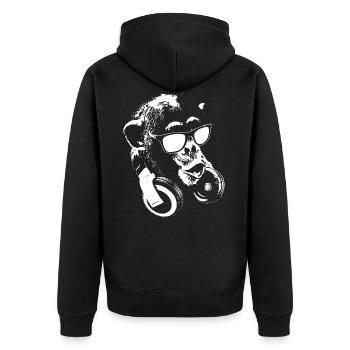 Affe DJ Weiß - Unisex Premium Bio Zip Hoodie - Schwarz - Hinten - Nico (187cm)