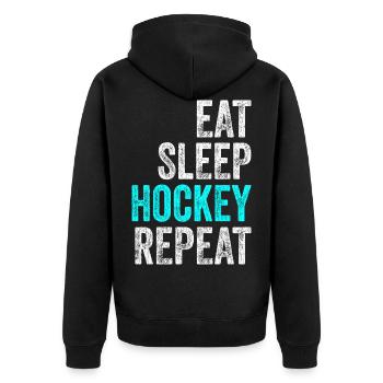 Eat Sleep Hockey Repeat Eishockey Spruch Vintage - Unisex Premium Bio Zip Hoodie - Schwarz - Hinten - Nico (187cm)