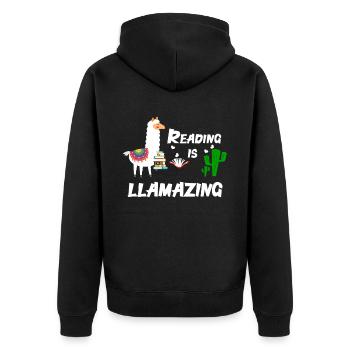lama - Unisex Premium Organic Zip Hoodie - black - Back - Nico (187cm)