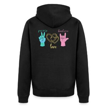 Frieden Liebe Harmonie - Unisex Premium Bio Zip Hoodie - Schwarz - Hinten - Nico (187cm)