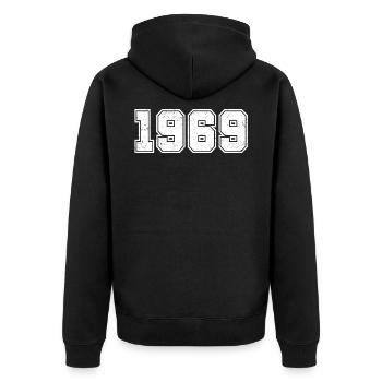 1969 année de naissance - retro college - Veste à capuche bio Premium Unisexe - noir - Dos - Nico (187cm)