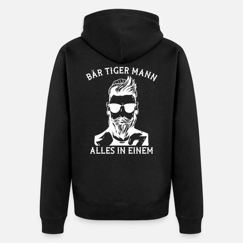 Bär Tiger Mann Schnurrbart Vollbart Bart Träger - Unisex Premium Bio Zip Hoodie - Schwarz