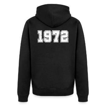 Jahrgang 1972 - Retro College - Unisex Premium Bio Zip Hoodie - Schwarz - Hinten - Nico (187cm)