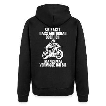 Motorrad oder Ich. Manchmal vermisse ich sie - Unisex Premium Bio Zip Hoodie - Schwarz - Hinten - Nico (187cm)