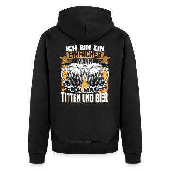 Ich bin ein einfacher Mann ich mag Titten und Bier - Unisex Premium Bio Zip Hoodie - Schwarz - Hinten - Nico (187cm)