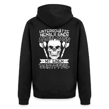 Dart Darts Dartpfeil DartenUnterschätze niemals - Unisex Premium Bio Zip Hoodie - Schwarz - Hinten - Nico (187cm)