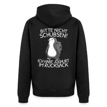 Bitte nicht schubsen ich habe Joghurt im Rucksack - Unisex Premium Bio Zip Hoodie - Schwarz - Hinten - Nico (187cm)