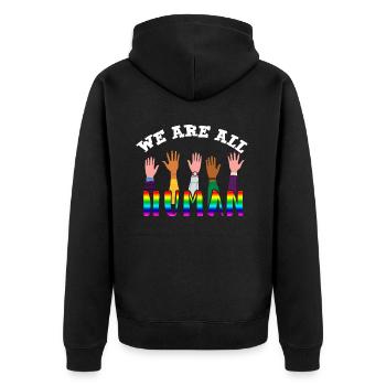 We Are All Human Gegen Rassismus - Unisex Premium Bio Zip Hoodie - Schwarz - Hinten - Nico (187cm)