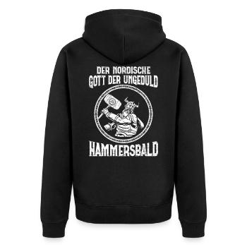 Nordische Gott der Ungeduld Hammersbald Wikinger - Unisex Premium Bio Zip Hoodie - Schwarz - Hinten - Nico (187cm)