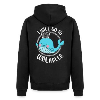 Lustiger Wikinger Spruch Valhalla Wal - Unisex Premium Bio Zip Hoodie - Schwarz - Hinten - Nico (187cm)