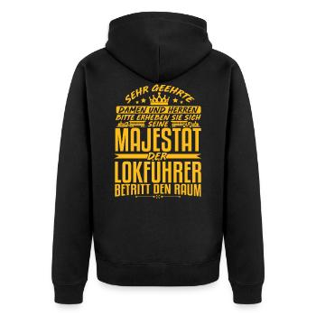 Seine Majestät Der Lokführer Betritt Den Raum - Unisex Premium Bio Zip Hoodie - Schwarz - Hinten - Nico (187cm)