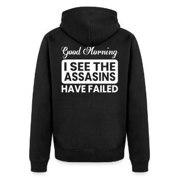 Funny provocative saying, assasin, nasty - Unisex Premium Organic Zip Hoodie - black - Back - Nico (187cm)