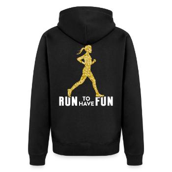 Run to have fun |Geschenk für Läuferin - Unisex Premium Bio Zip Hoodie - Schwarz - Hinten - Nico (187cm)