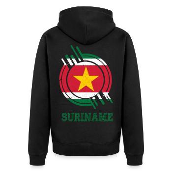 Suriname Runder Schild Landesfarben - Unisex Premium Bio Zip Hoodie - Schwarz - Hinten - Nico (187cm)