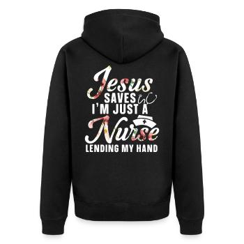 Jesus Rettet Ich Bin Nur Eine Krankenschwester - Unisex Premium Bio Zip Hoodie - Schwarz - Hinten - Nico (187cm)