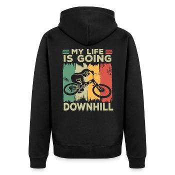 MTB Spruch Dirt Jump My Life is going Dowhill - Unisex Premium Bio Zip Hoodie - Schwarz - Hinten - Nico (187cm)
