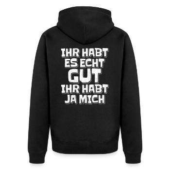 Lustiger Spruch - Unisex Premium Bio Zip Hoodie - Schwarz - Hinten - Nico (187cm)