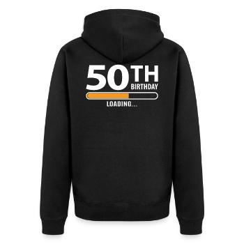 50e anniversaire - Veste à capuche bio Premium Unisexe - noir - Dos - Nico (187cm)